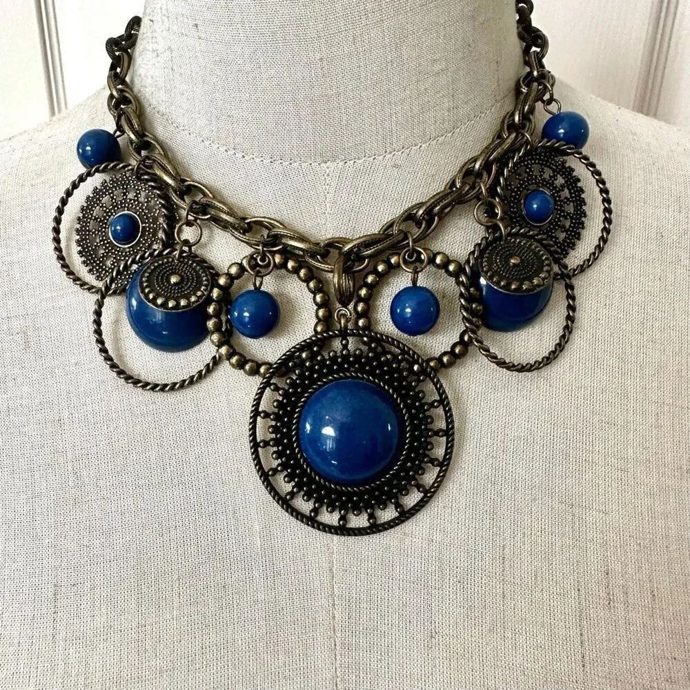 Premier Designs navy and bronze tone statement necklace